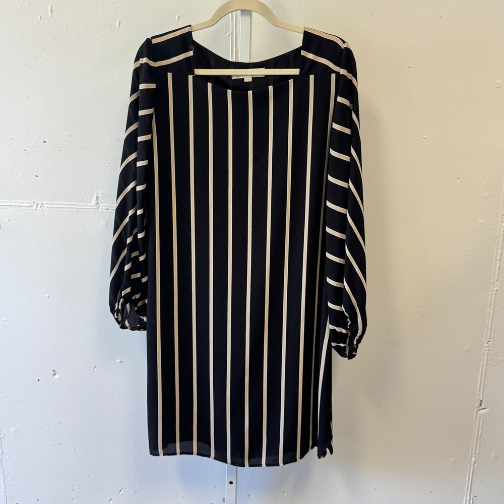 LOFT Black Cream Striped Square Neck Long Sleeve Shift Knee Length Dress Medium